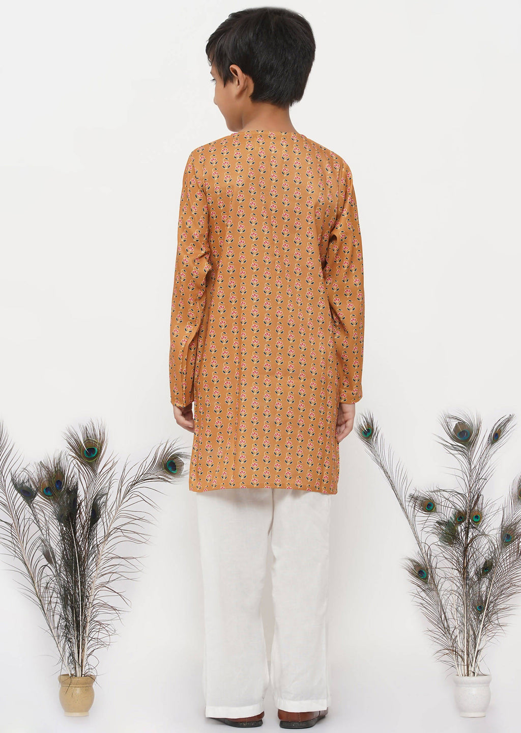 Little Bansi Boys Cotton Silk Floral Kurta with Pearl Buttons & Pyjama - Orange & Cream | Grocsy