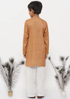 Little Bansi Boys Cotton Silk Floral Kurta with Pearl Buttons & Pyjama - Orange & Cream | Grocsy
