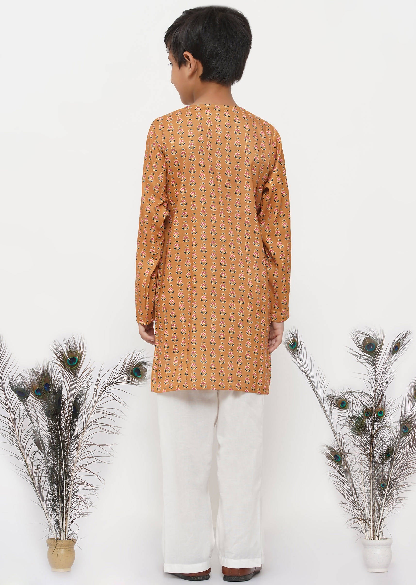 Little Bansi Boys Cotton Silk Floral Kurta with Pearl Buttons & Pyjama - Orange & Cream | Grocsy