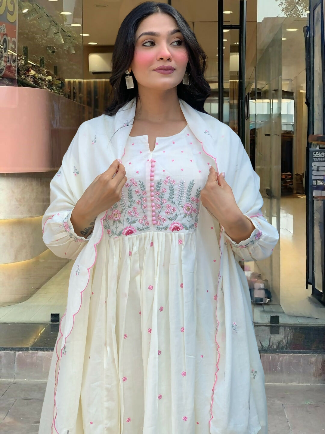 The52 White Women's Beautiful Cotton Fabric Thread Work Straight Kurta Pant and Dupatta Set | Grocsy