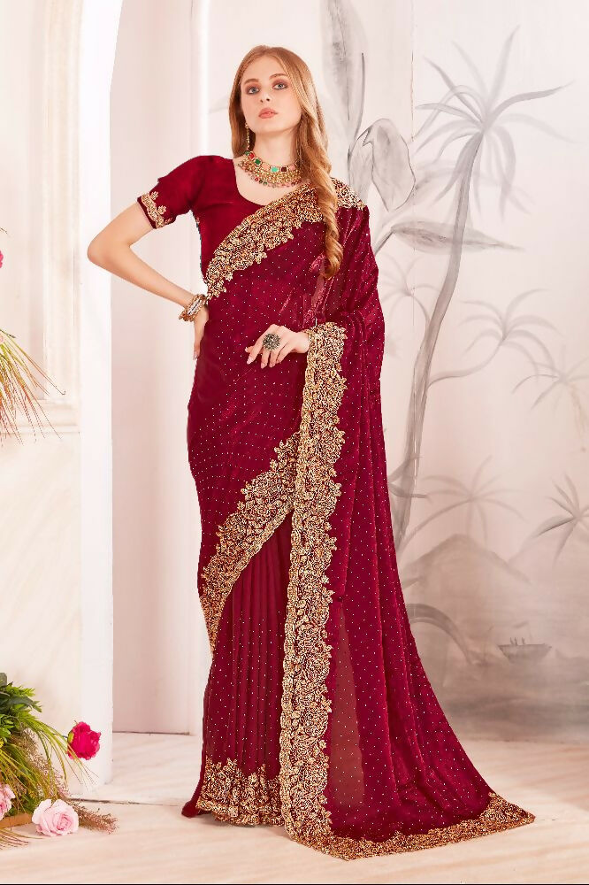 PR Fashion Maroon Fendi Two Tone Silk Heavy Zari & Resham Embroidery Work With Heavy Zircon Work Saree | Grocsy