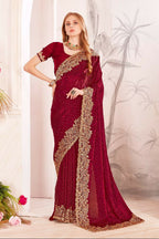 PR Fashion Maroon Fendi Two Tone Silk Heavy Zari & Resham Embroidery Work With Heavy Zircon Work Saree | Grocsy