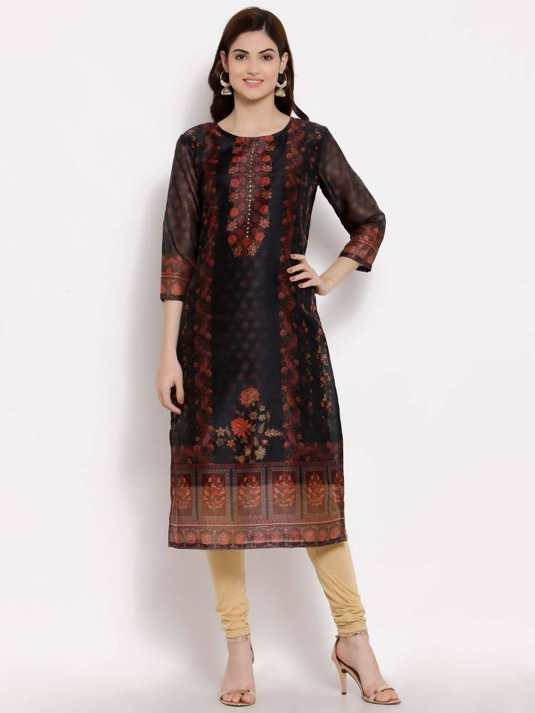 Myshka Women's Multi Chanderi Silk 3/4 Sleeve Round Neck Printed Casual kurta | Grocsy