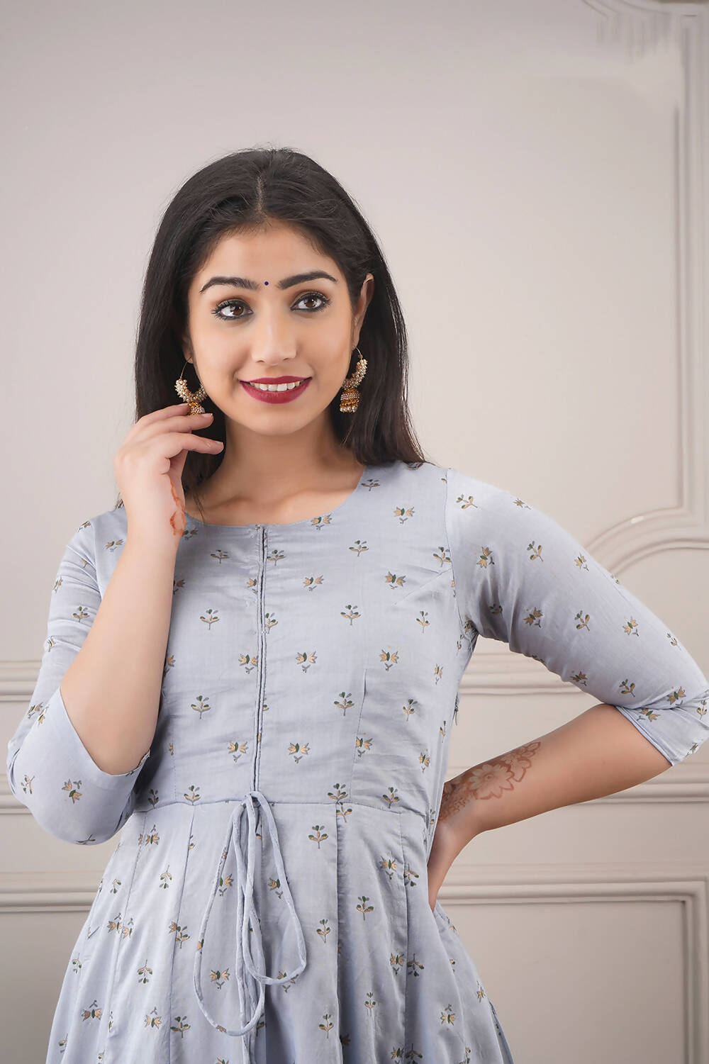 Partywear Designer Hand Screen and Foil Print Lightsteelgrey Pure chanderi Gown - Anbazaar | Grocsy