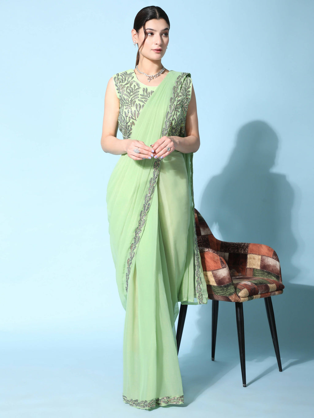Green Fancy Pure Fabric Plain Ready to wear Saree with stitched Blouse - Vrinda | Grocsy