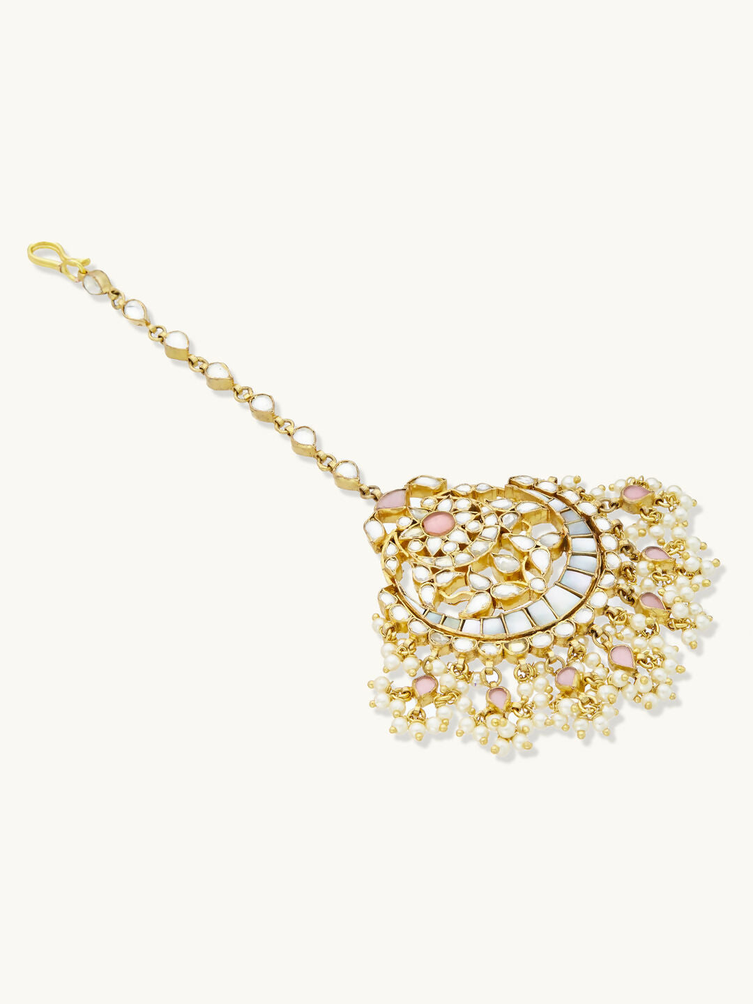 Nuyug 22K Gold-Plated Pearls & Pink Kundan Studded Statement Maang Tikka Head Jewellery | Grocsy