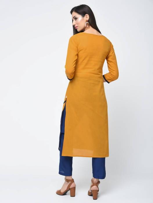 Aniyah Cotton Color Block Straight Kurta In Mustard Color (AN-102K) | Grocsy