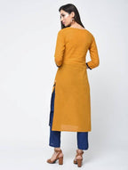 Aniyah Cotton Color Block Straight Kurta In Mustard Color (AN-102K) | Grocsy