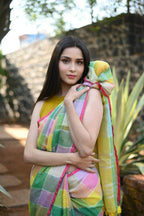 Very Much Indian Pure Linen Saree With Sleek Border And Exclusive Design - Beige | Grocsy