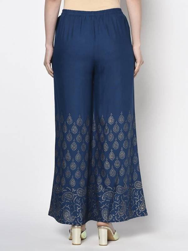 Aniyah Rayon Blue Color Gold Print Flared Slip-On Palazzo (AN-209K) | Grocsy