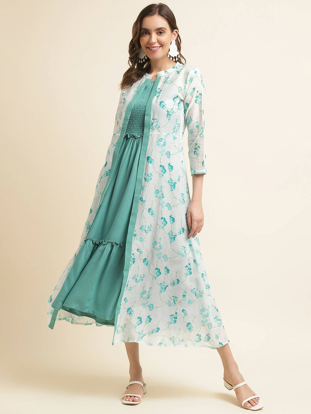 Light Blue Cotton Solid Flared Dress with Printed Shrug - Yukti | Grocsy