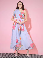 Myshka Women's Grey Floral Printed Empire Dress | Grocsy