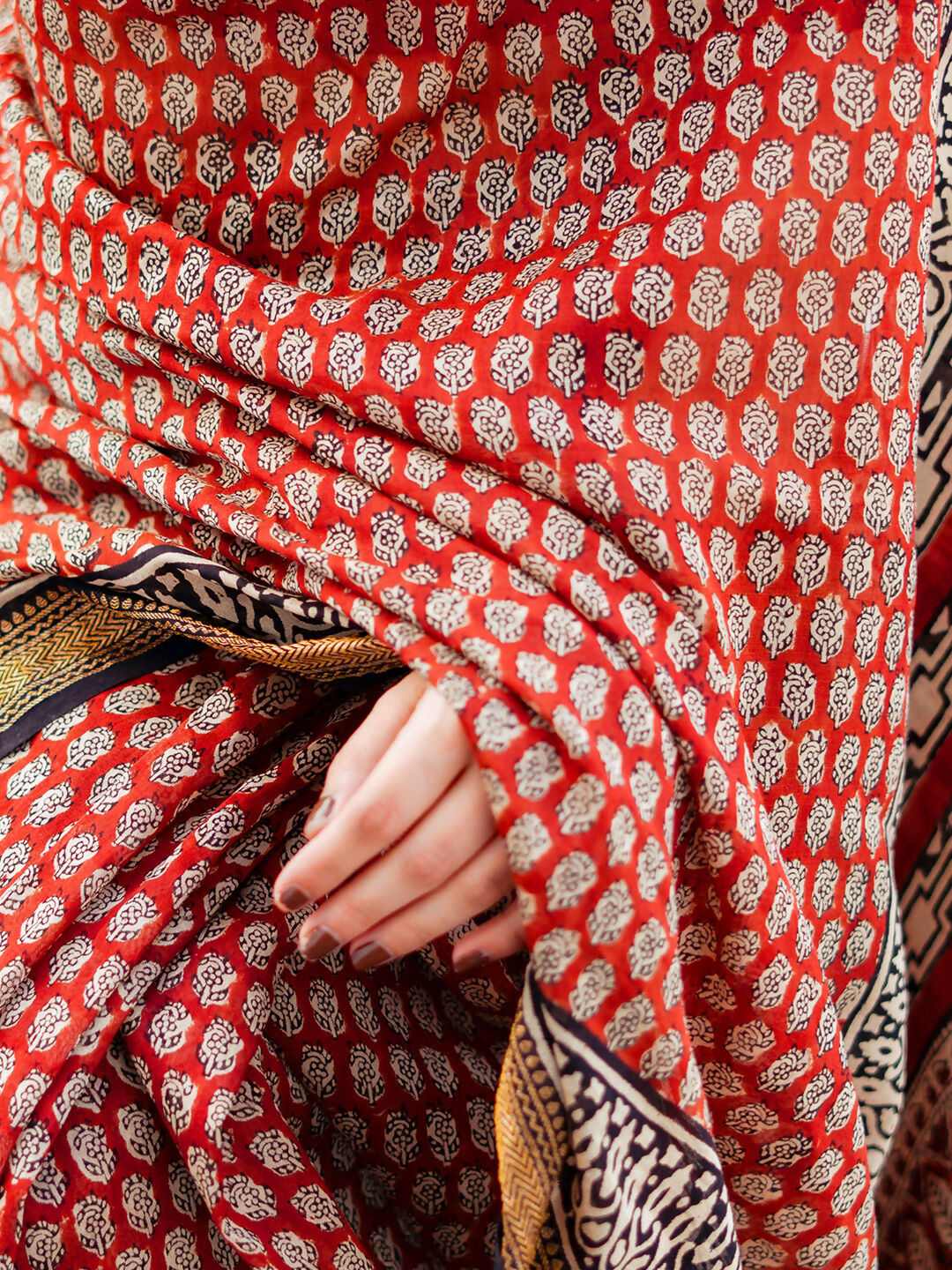 Zibaa Hand-Blocked Pure Maheshwari Silk Red Saree - Small Motifs | Grocsy