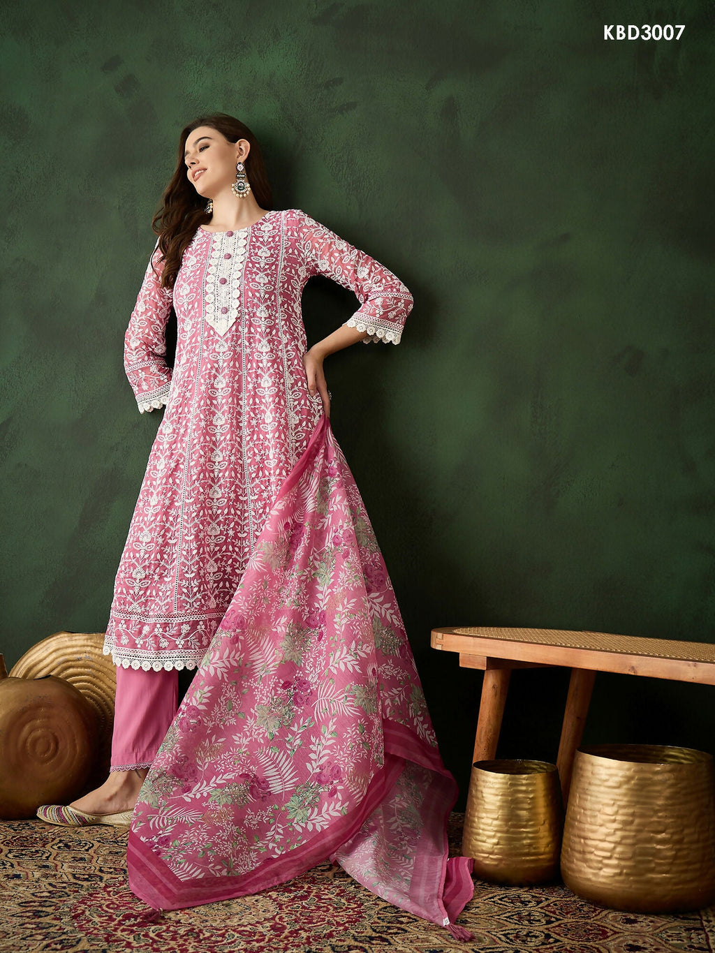 Pink Crystal Organza schiffli embroidery Kurta With Trouser & Dupatta - Bhumi | Grocsy