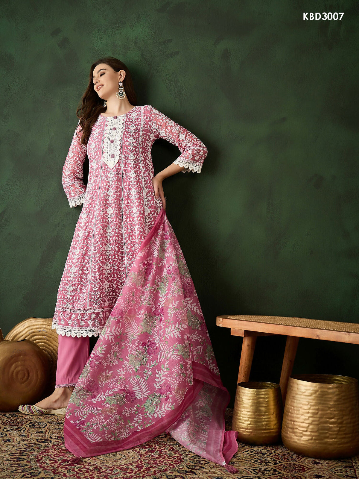 Pink Crystal Organza schiffli embroidery Kurta With Trouser & Dupatta - Bhumi | Grocsy