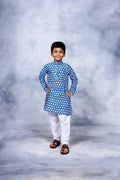 Ahalyaa Boys Blue Pure Cotton Porcian Print Kids Kurta Churidar Set | Grocsy