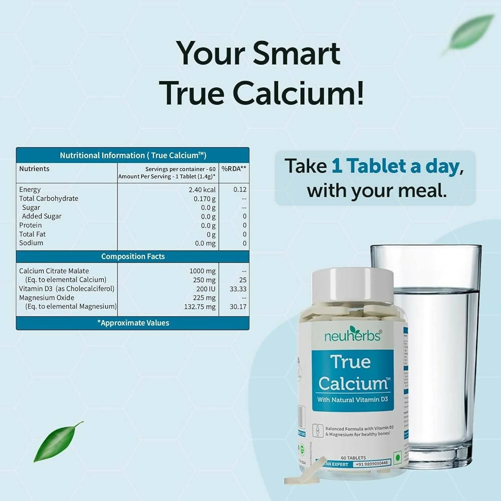 Neuherbs True Calcium 1000mg With Natural Vitamin D3 Tablets | Grocsy