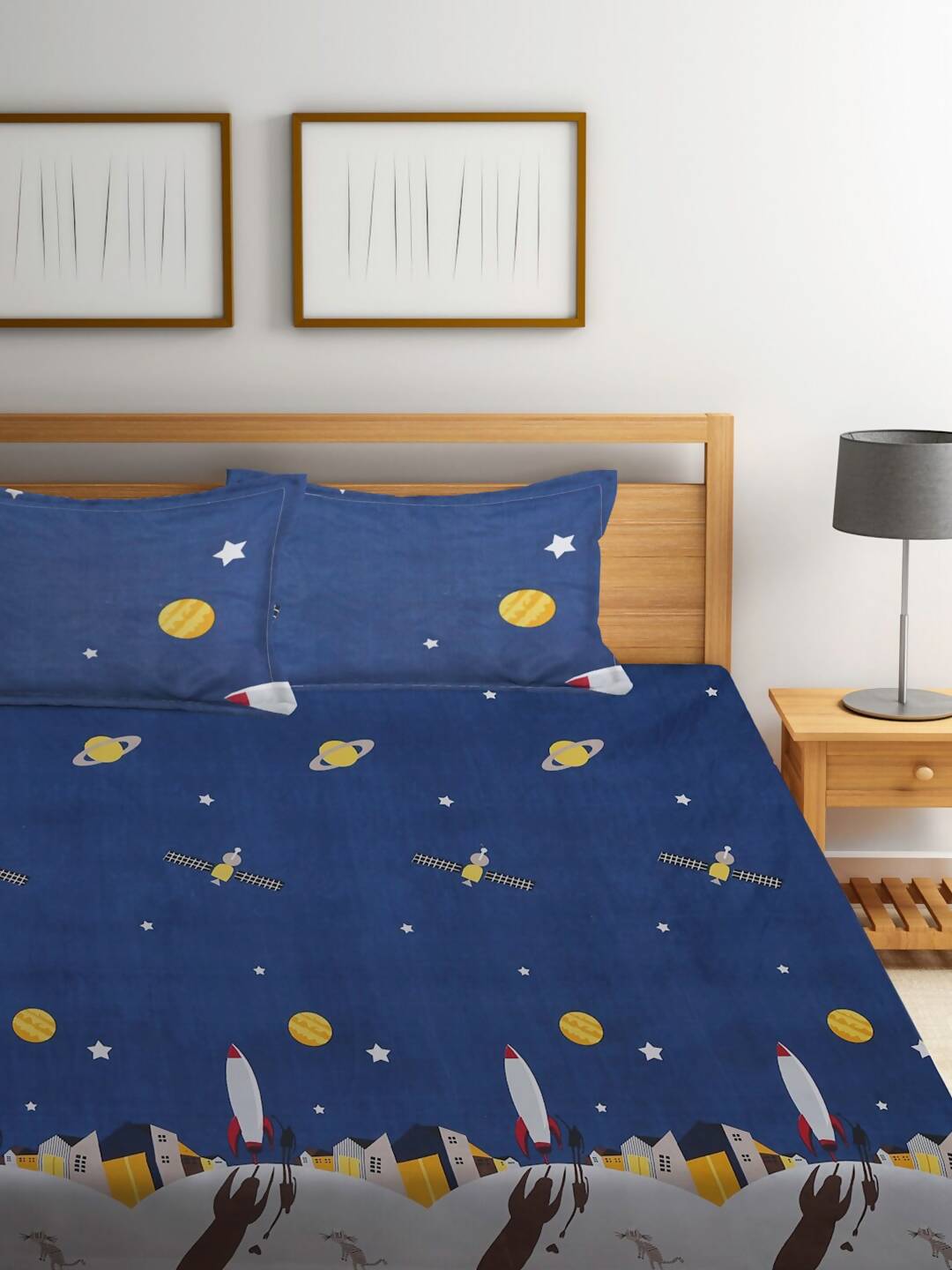 Home Sizzler Blue & Yellow Cartoon Characters 210 TC Bedsheet with Pillow Covers | Grocsy