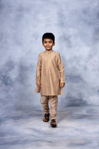Ahalyaa Boys Beige Poly Silk Gold Printed Kids Kurta Churidar Set | Grocsy