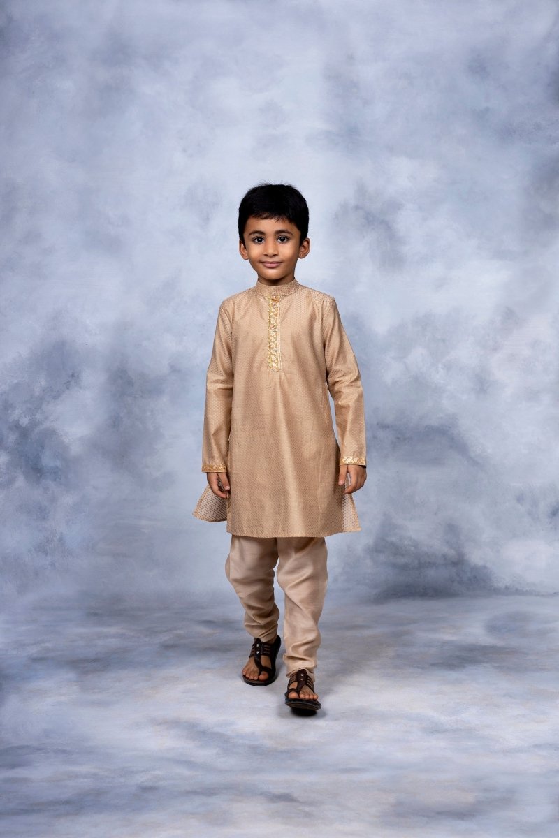Ahalyaa Boys Beige Poly Silk Gold Printed Kids Kurta Churidar Set | Grocsy
