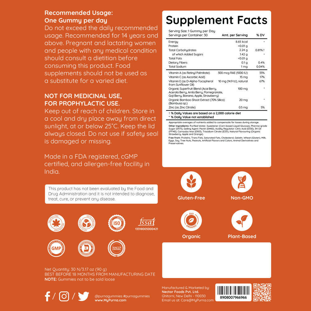Purna Gummies Superfruits Collagen Mixed Fruit Flavour Gummies for Hair and Skin | Grocsy