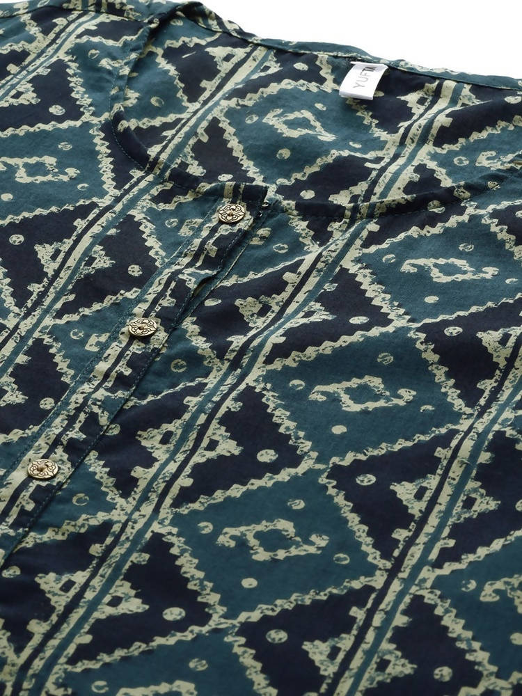 Yufta Teal Blue & Black Printed Pure Cotton Kurta with Palazzo | Grocsy