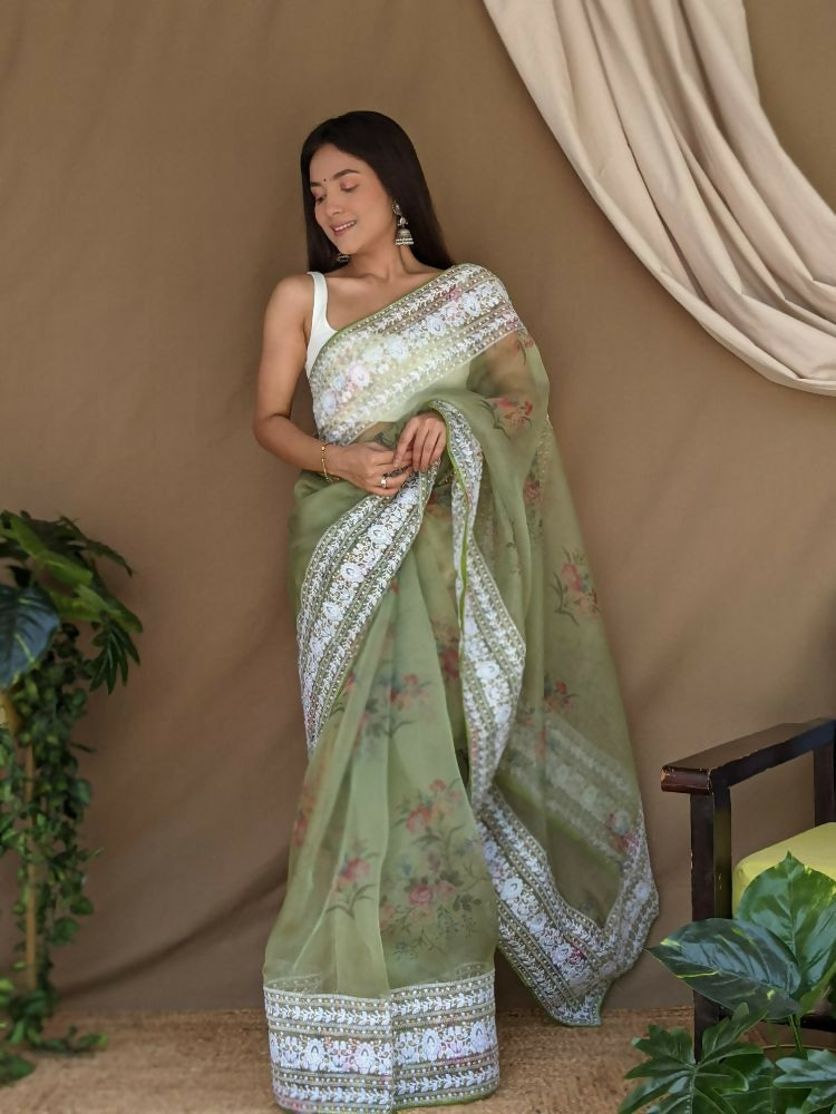 Vamsee White Border Green Organza Saree | Grocsy