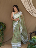 Vamsee White Border Green Organza Saree | Grocsy