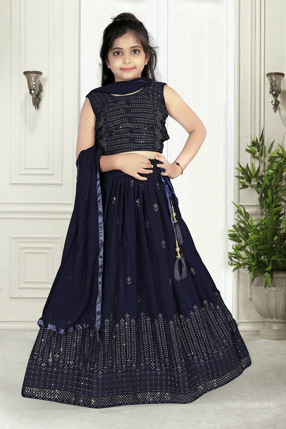 Wedding Designer Navy Blue Pure Georgette Kidswear Lehenga - Aaradhna | Grocsy