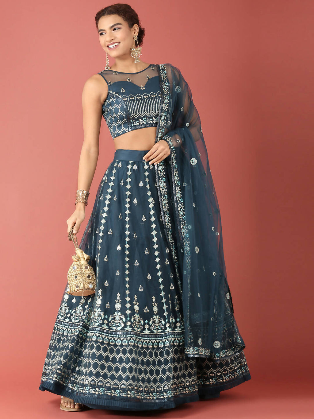 House of Panchhi Navy Blue Net Sequinse Work Lehenga & Blouse, Dupatta | Grocsy