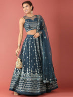House of Panchhi Navy Blue Net Sequinse Work Lehenga & Blouse, Dupatta | Grocsy