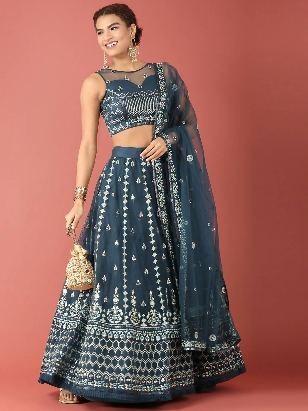 House of Panchhi Navy Blue Net Sequinse Work Lehenga & Blouse, Dupatta | Grocsy