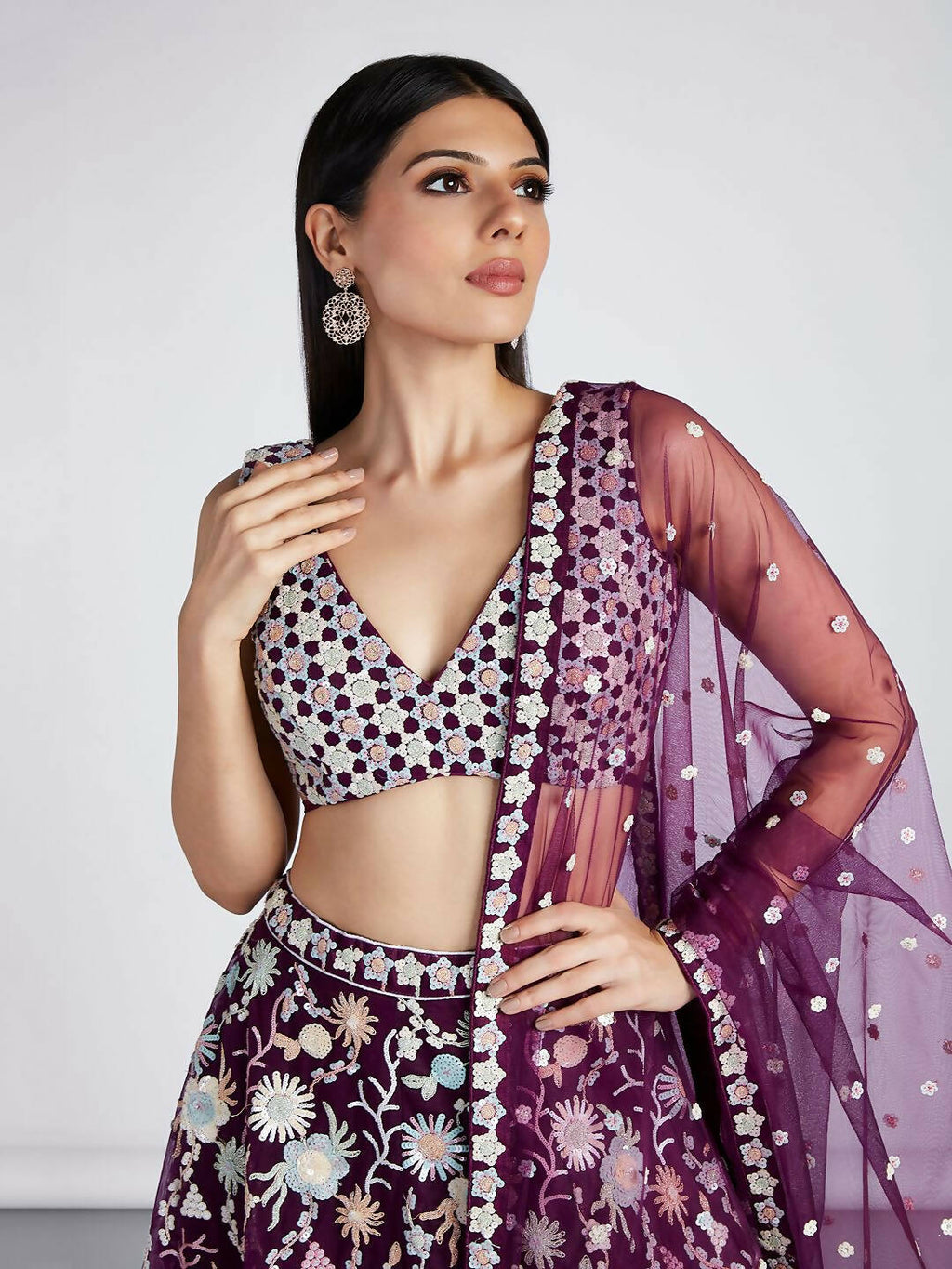 House of Panchhi Burgundy Net heavy Sequinse embroidery Semi-Stitched Lehenga choli & Dupatta | Grocsy
