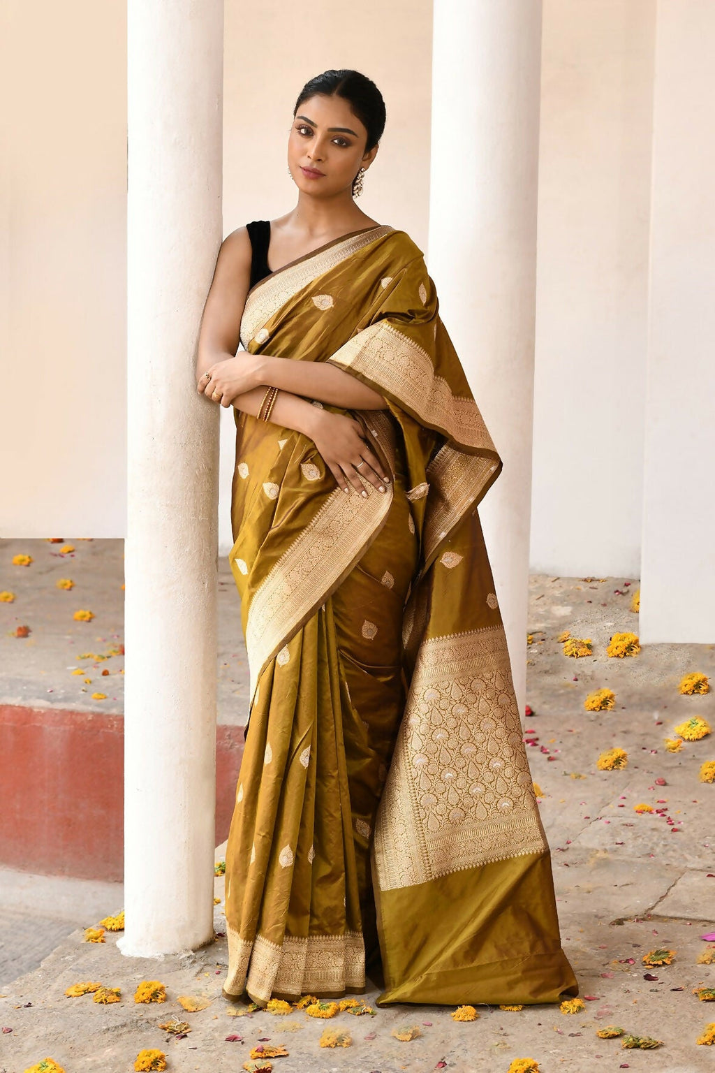 Joban Fashion Olive Pure Katan Pure Handloom Banarasi Silk Saree | Grocsy