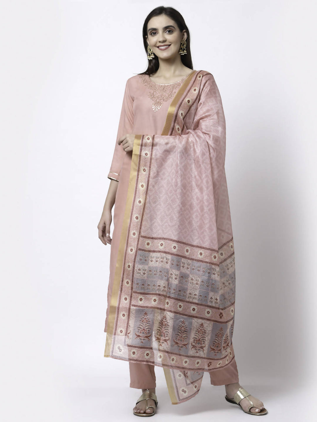 Myshka Women Peach Silk Blend Embroidered 3/4 Sleeve Round Neck Kurta Pant Dupatta Set | Grocsy