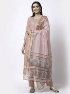 Myshka Women Peach Silk Blend Embroidered 3/4 Sleeve Round Neck Kurta Pant Dupatta Set | Grocsy