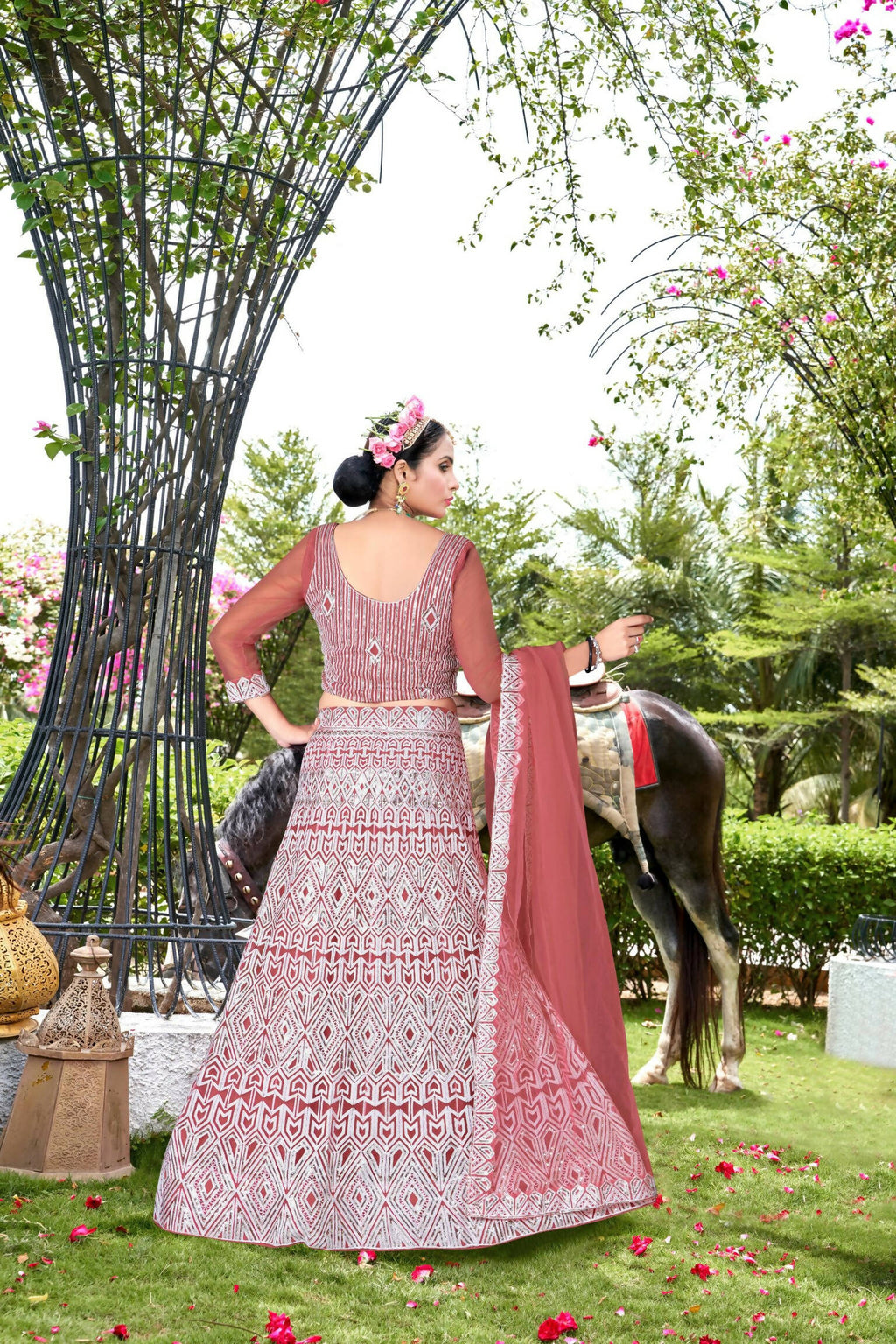 Pink Net Embroidered Semi Stitched Lehenga Choli with Dupatta - Bhagya | Grocsy