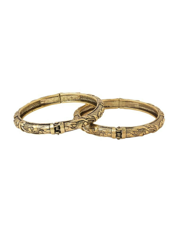 NVR Women Set of 2 Gold-Polished Floral Design Oxidised Bangles