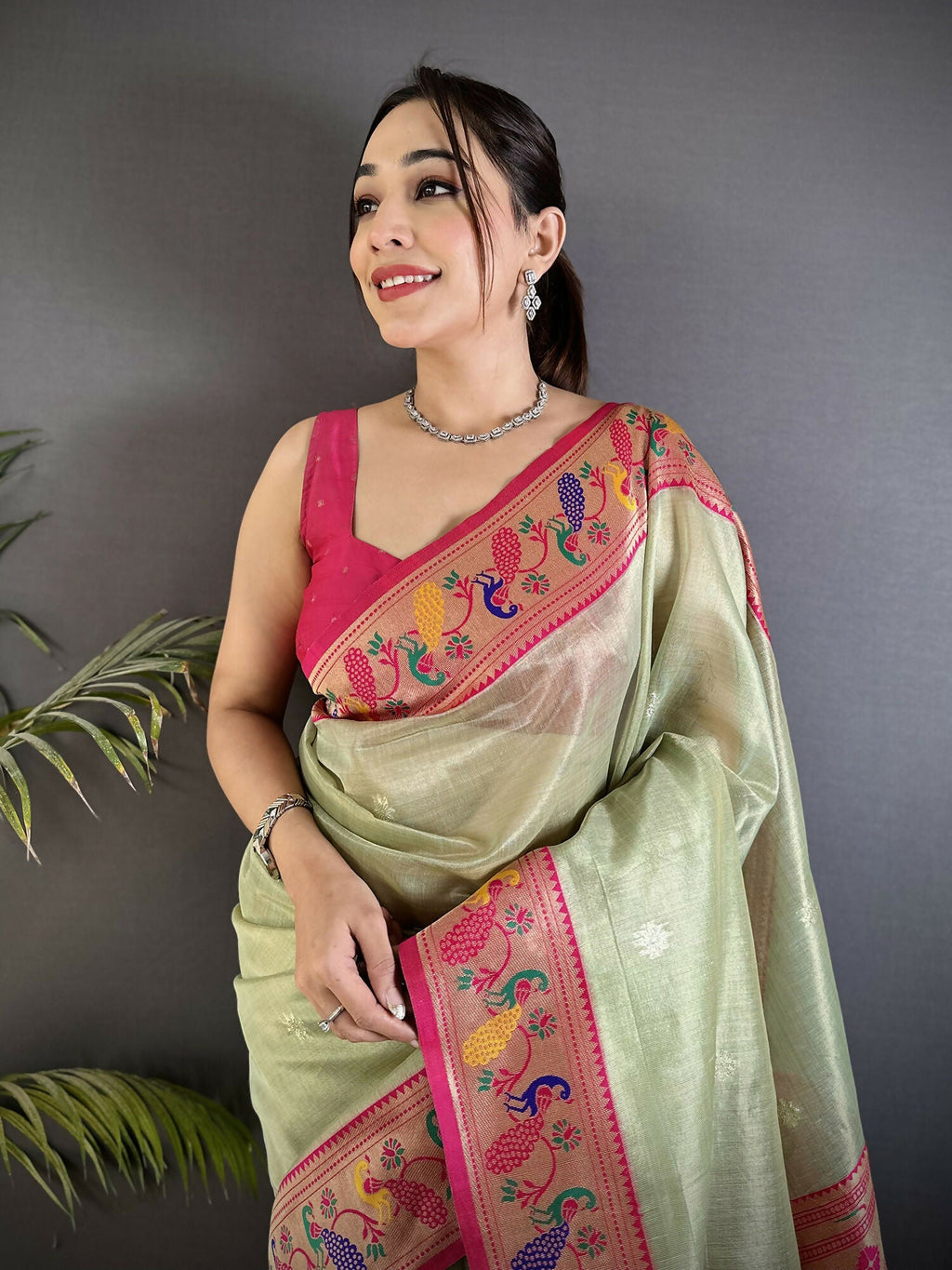 Joban Fashion Pista Green Zari Weaving Tissue Paithani Saree | Grocsy
