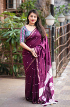 Purple Chanderi Cotton Block Print Saree with Unstitched Blouse - Hiral Fashion | Grocsy
