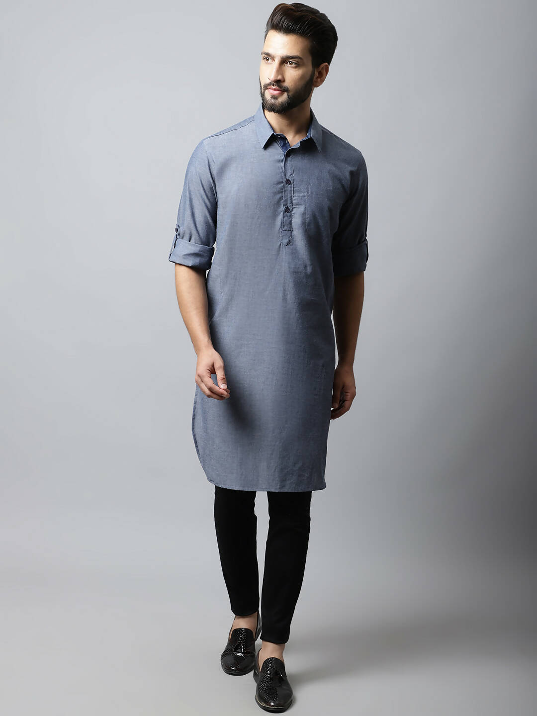 Even Apparels Grey Color Pure Cotton Solid Men's Kurta With Shirt Collar (MMS149) | Grocsy