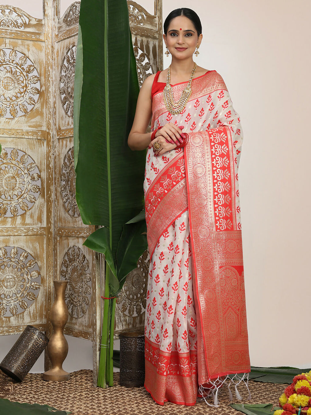Shree Shyam Fashion Linen Cotton Red & White Saree | Grocsy