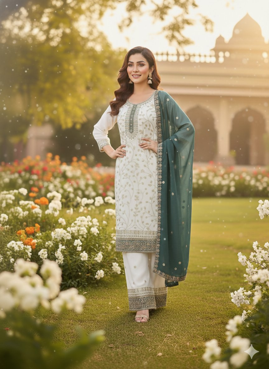 Teeya Creation White Color Faux Georgette Embroidery Work Long Party Wear Palazzo Suit | Grocsy