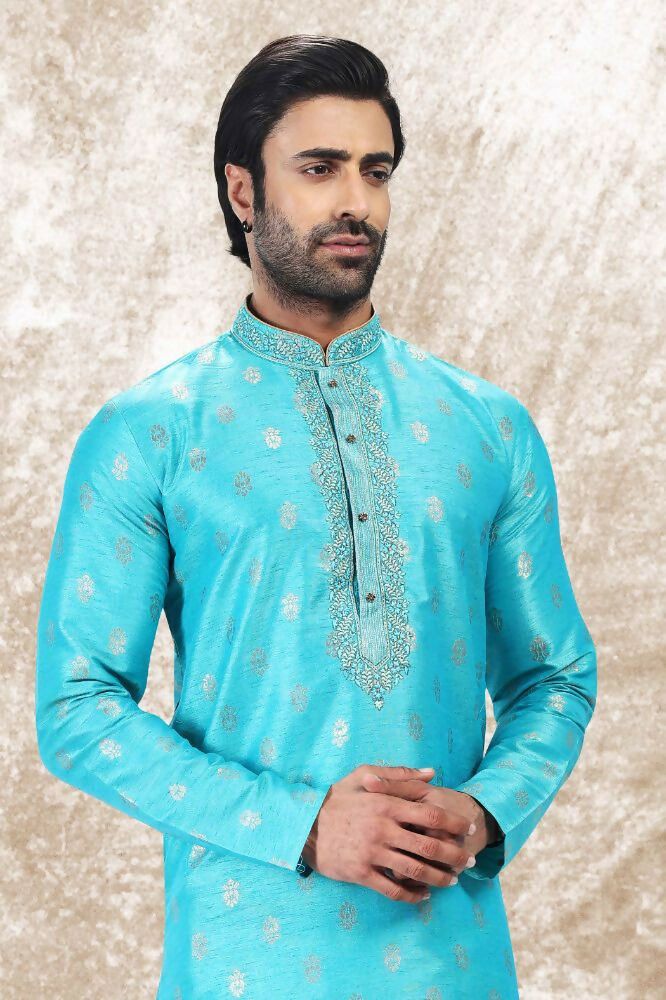 Raivat Ethnic Jacquard Silk Brocade Thread Work Kurta Pajama In Sky Blue Colour | Grocsy