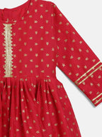 Ahalyaa Red Crepe Gold Printed Kids Kurta Sharara Set For Girls | Grocsy