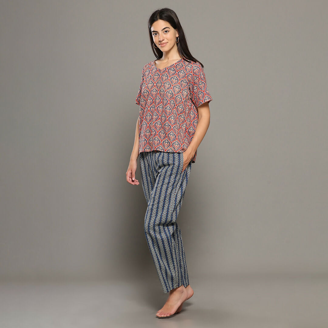 Breathables Women Cotton Printed Loungewear Kurta And Pants Co-Ord Set Pink & Navy I Nightwear | Grocsy