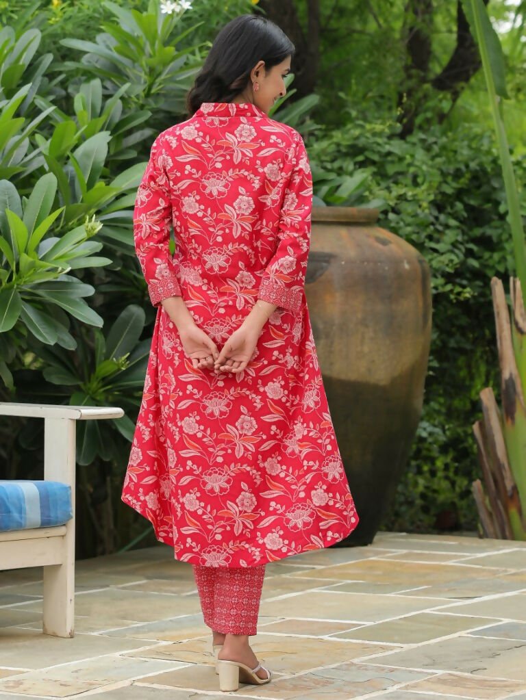 Aramya High Low Soft Cotton Floral Print Women's Kurta - Red | Grocsy