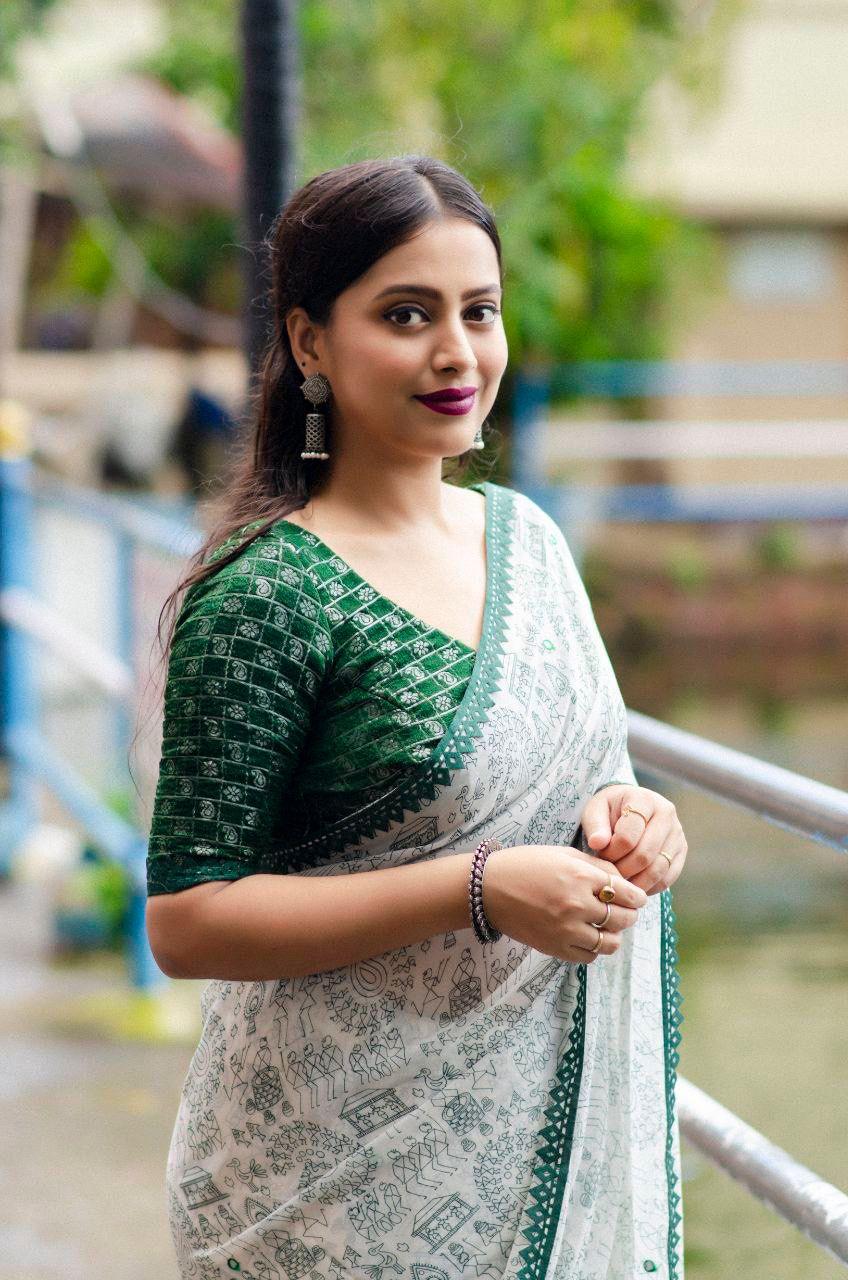 Green Pure Georgette Warli Saree with Unstitched Blouse - A2M | Grocsy
