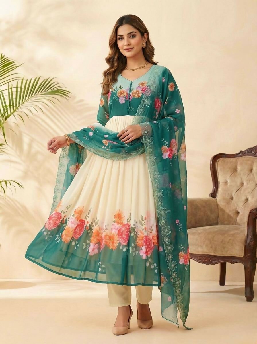 Teeya Creation Womens New Fancy Fox Georgette Heavy Quality Fabric With Handwork Teal Gown Set | Grocsy