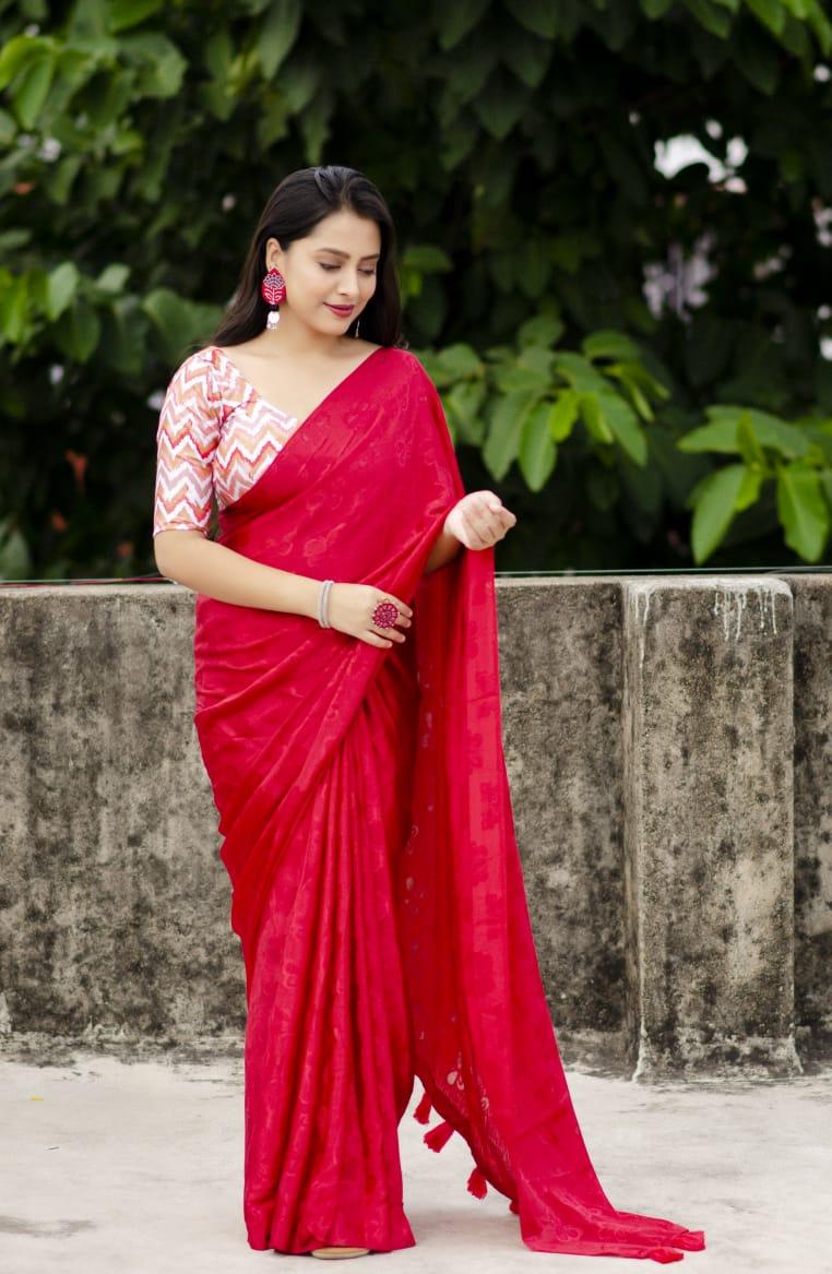 Red Silk Blend Ethnic Motifs Saree with Unstitched Blouse - A2M | Grocsy